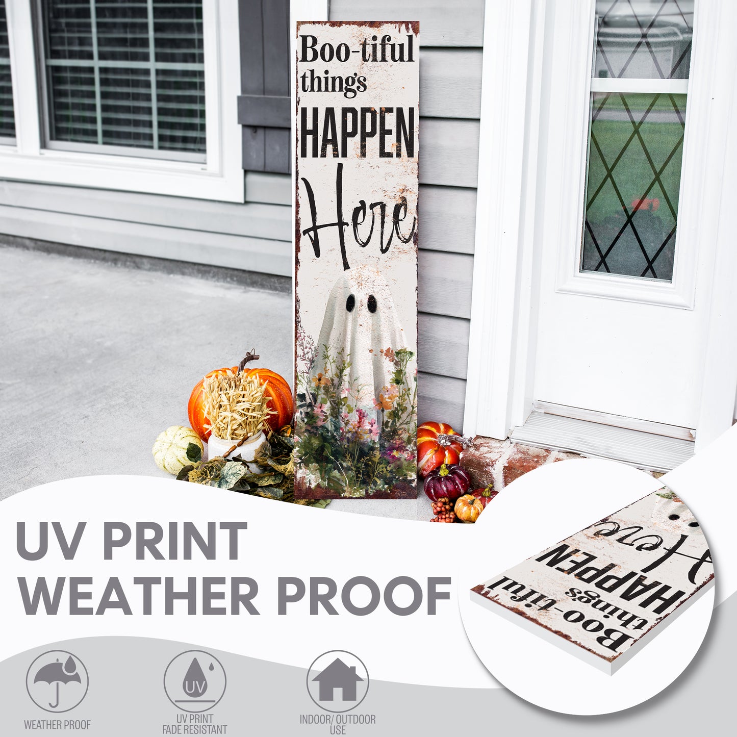 Halloween Porch Sign – Rustic “Boo-tiful Things Happen Here” Ghost Front Porch Welcome Sign | Spooky Farmhouse Halloween Outdoor Indoor Decor