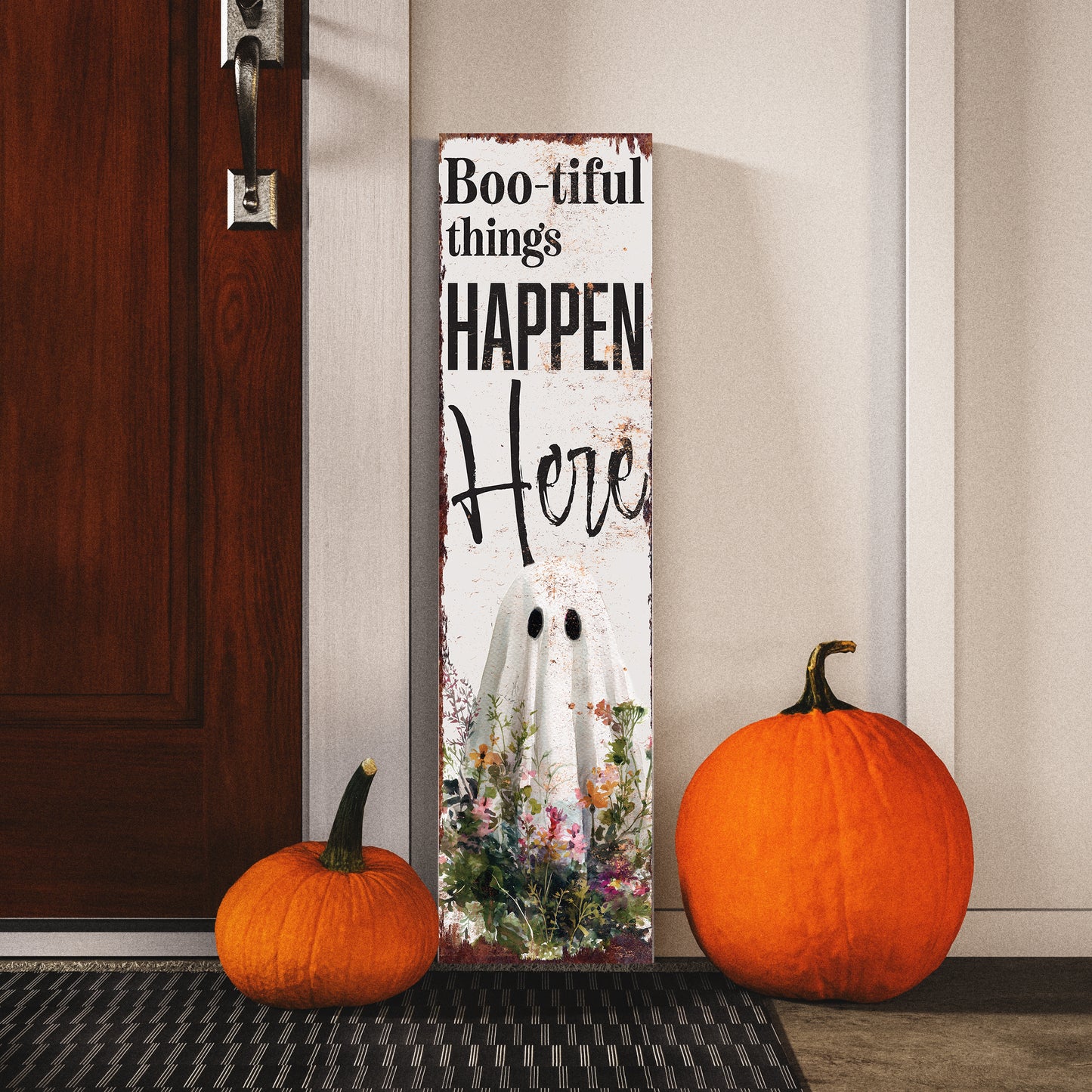 Halloween Porch Sign – Rustic “Boo-tiful Things Happen Here” Ghost Front Porch Welcome Sign | Spooky Farmhouse Halloween Outdoor Indoor Decor