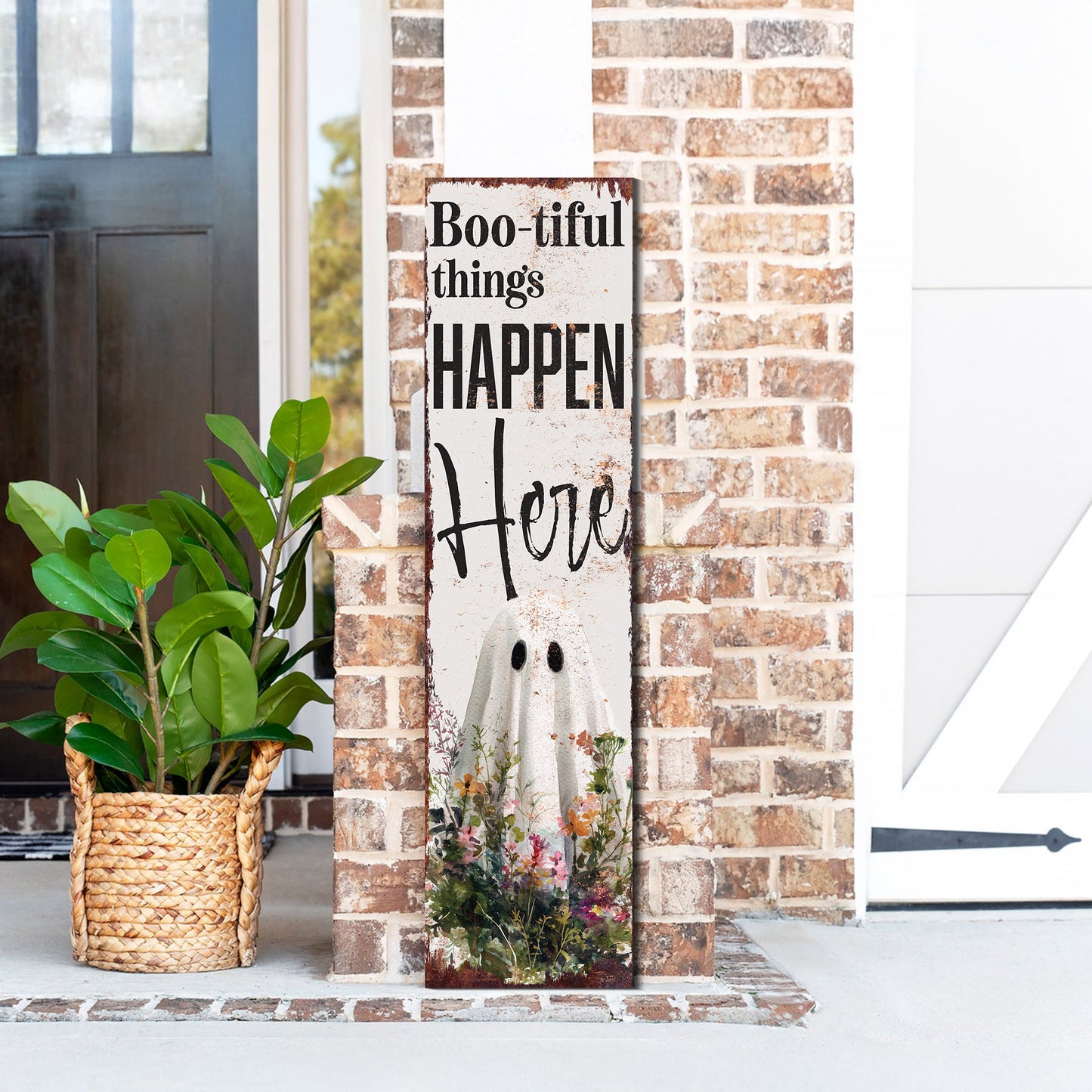 Halloween Porch Sign – Rustic “Boo-tiful Things Happen Here” Ghost Front Porch Welcome Sign | Spooky Farmhouse Halloween Outdoor Indoor Decor