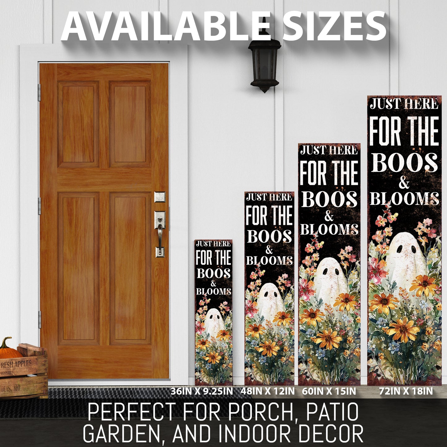 Halloween Porch Sign – Rustic Just Here for the Boos & Blooms Ghost Welcome Sign | Farmhouse Halloween Porch Decor for Outdoor Indoor