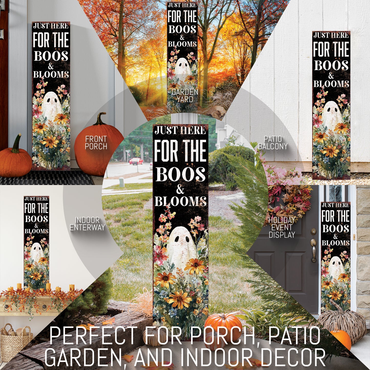 Halloween Porch Sign – Rustic Just Here for the Boos & Blooms Ghost Welcome Sign | Farmhouse Halloween Porch Decor for Outdoor Indoor
