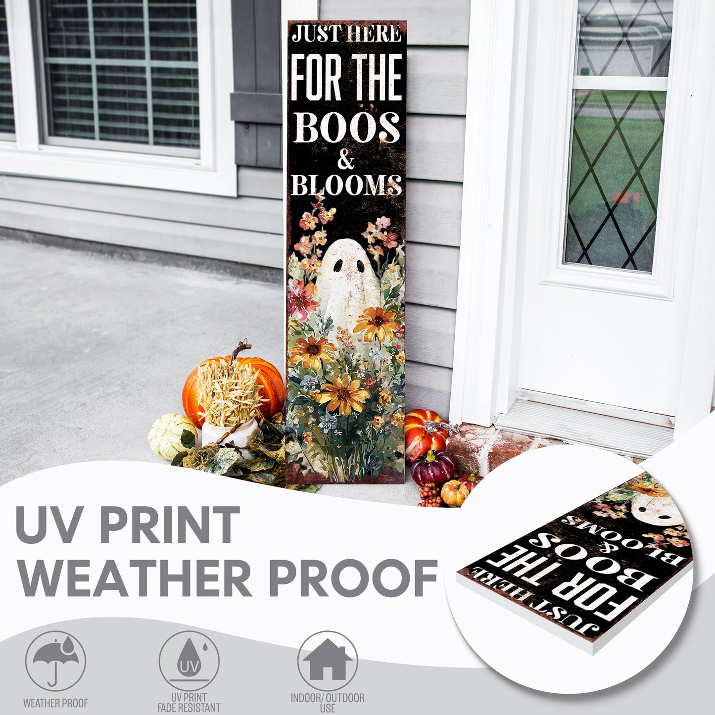 Halloween Porch Sign – Rustic Just Here for the Boos & Blooms Ghost Welcome Sign | Farmhouse Halloween Porch Decor for Outdoor Indoor