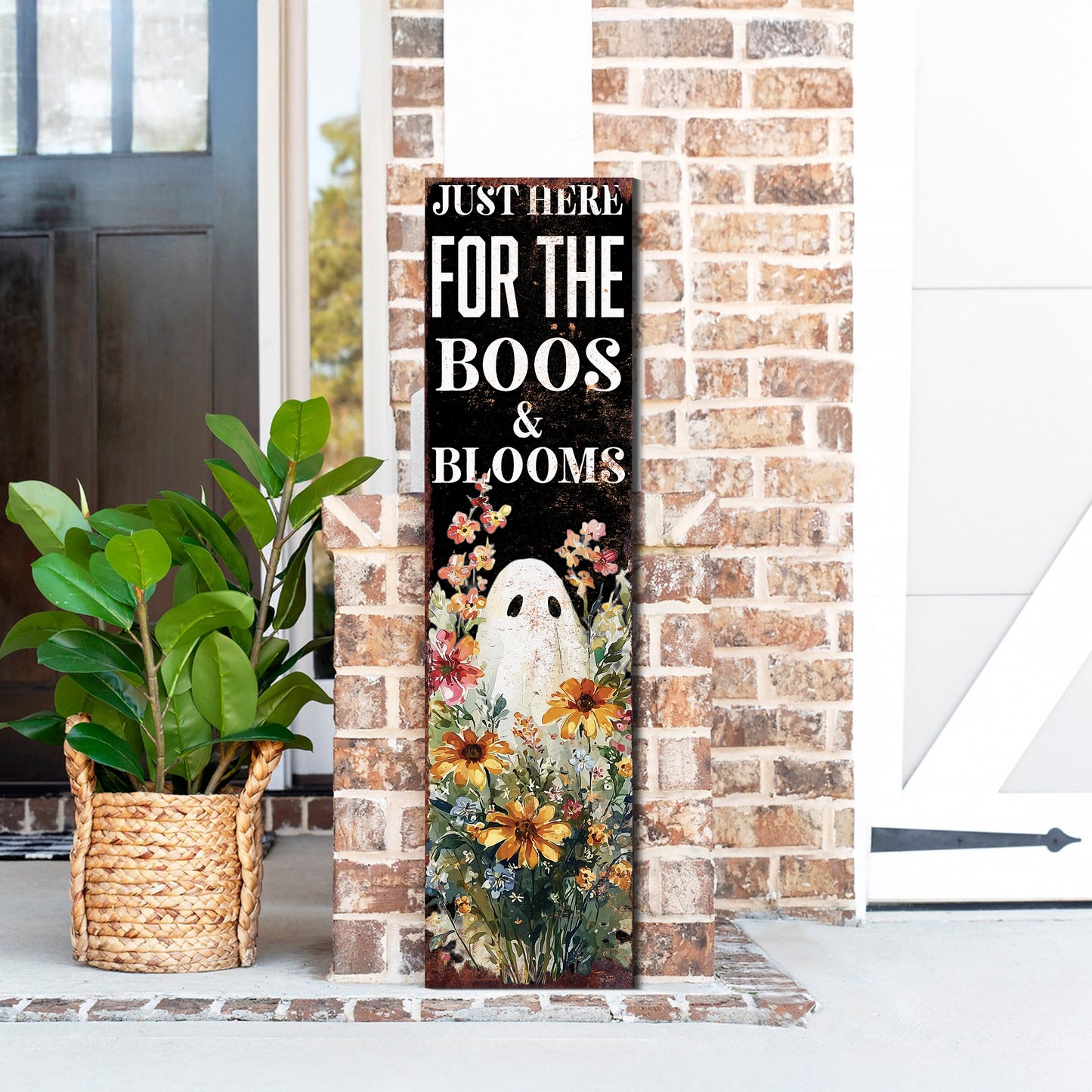 Halloween Porch Sign – Rustic Just Here for the Boos & Blooms Ghost Welcome Sign | Farmhouse Halloween Porch Decor for Outdoor Indoor