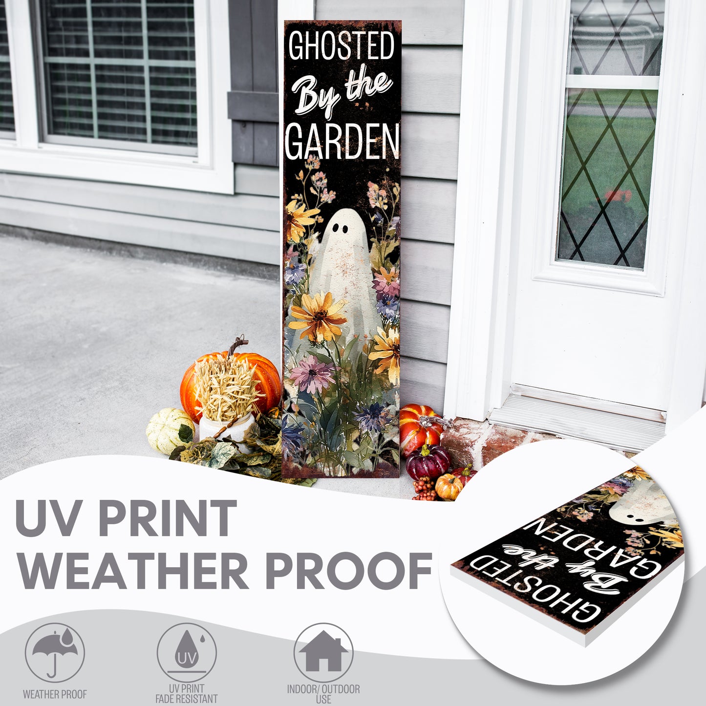 Halloween Porch Sign – Rustic Ghosted by the Garden Ghost Welcome Sign | Farmhouse Porch Decor for Halloween, Fall, and Autumn Outdoor Display