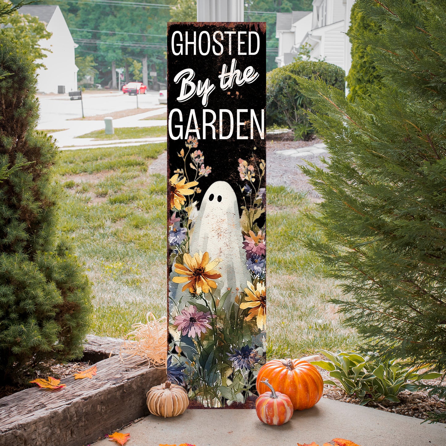 Halloween Porch Sign – Rustic Ghosted by the Garden Ghost Welcome Sign | Farmhouse Porch Decor for Halloween, Fall, and Autumn Outdoor Display