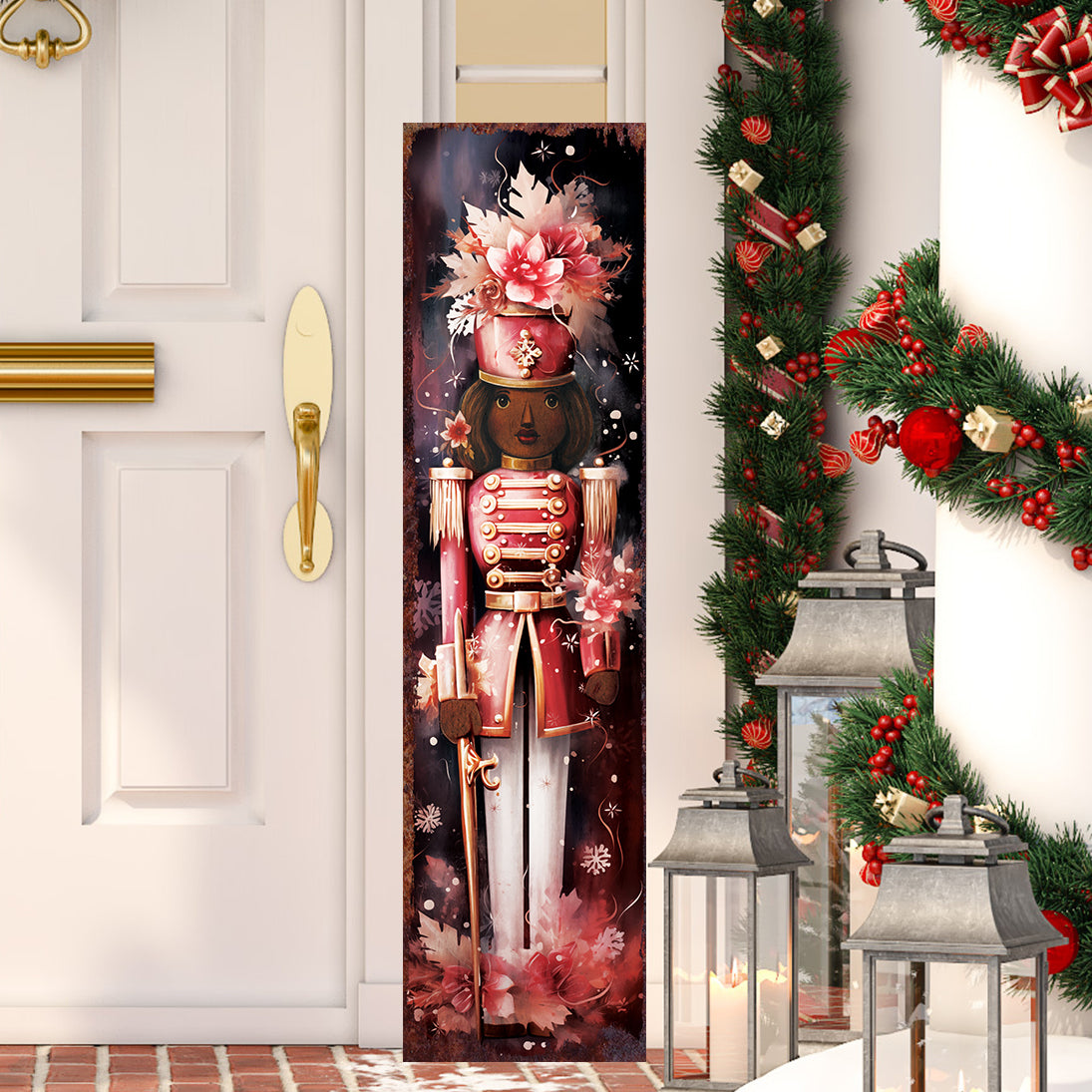 Christmas Nutcracker Porch Sign – Festive Holiday Front Porch Sign with Red Soldier Floral Design | Rustic Farmhouse Christmas Entryway Outdoor Decoration