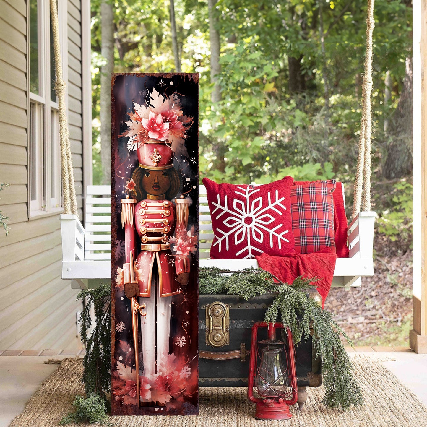 Christmas Nutcracker Porch Sign – Festive Holiday Front Porch Sign with Red Soldier Floral Design | Rustic Farmhouse Christmas Entryway Outdoor Decoration