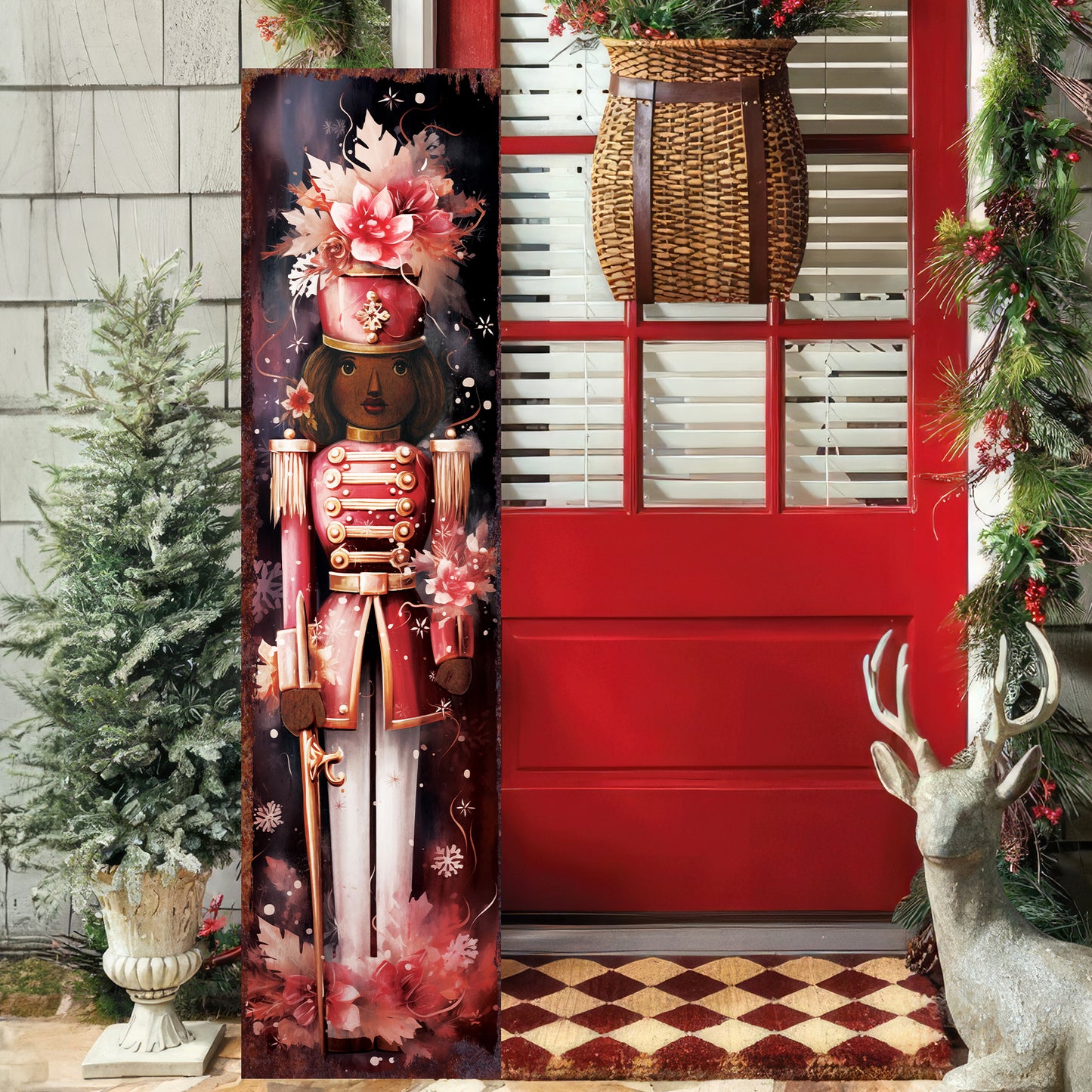 Christmas Nutcracker Porch Sign – Festive Holiday Front Porch Sign with Red Soldier Floral Design | Rustic Farmhouse Christmas Entryway Outdoor Decoration