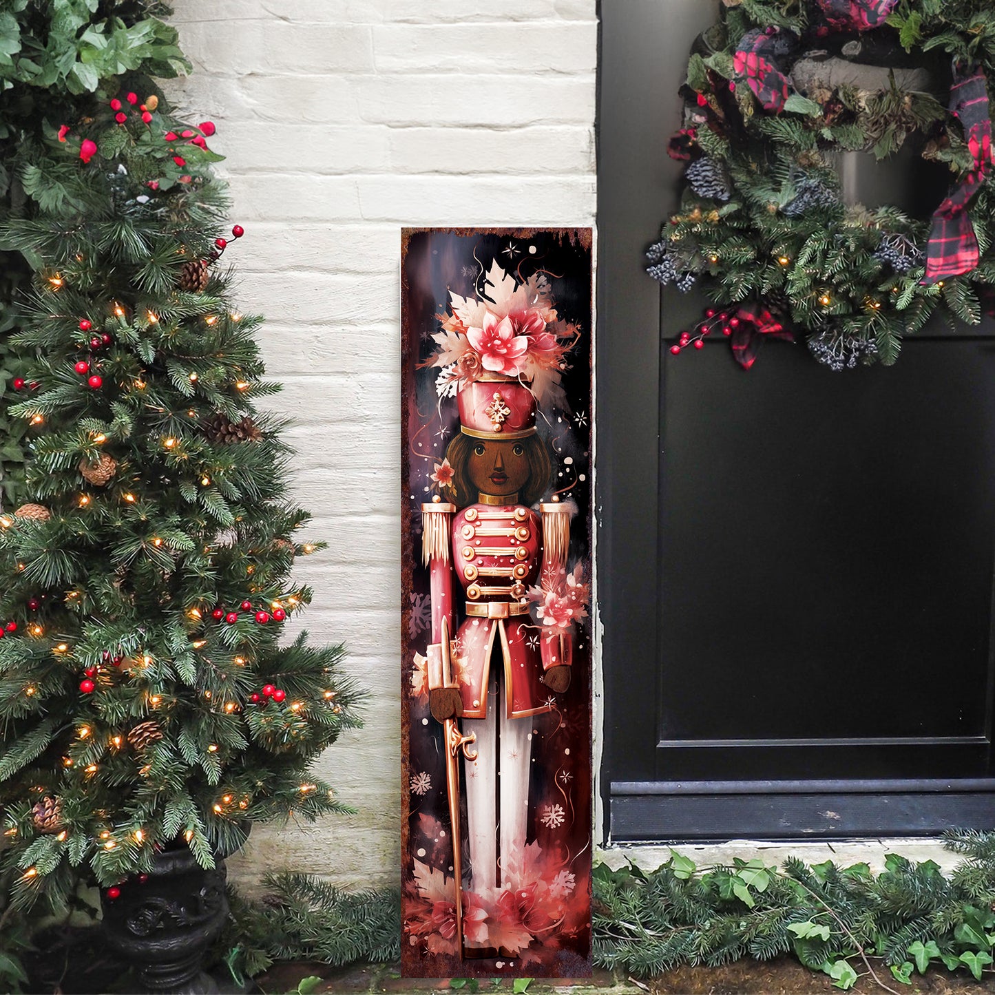 Christmas Nutcracker Porch Sign – Festive Holiday Front Porch Sign with Red Soldier Floral Design | Rustic Farmhouse Christmas Entryway Outdoor Decoration