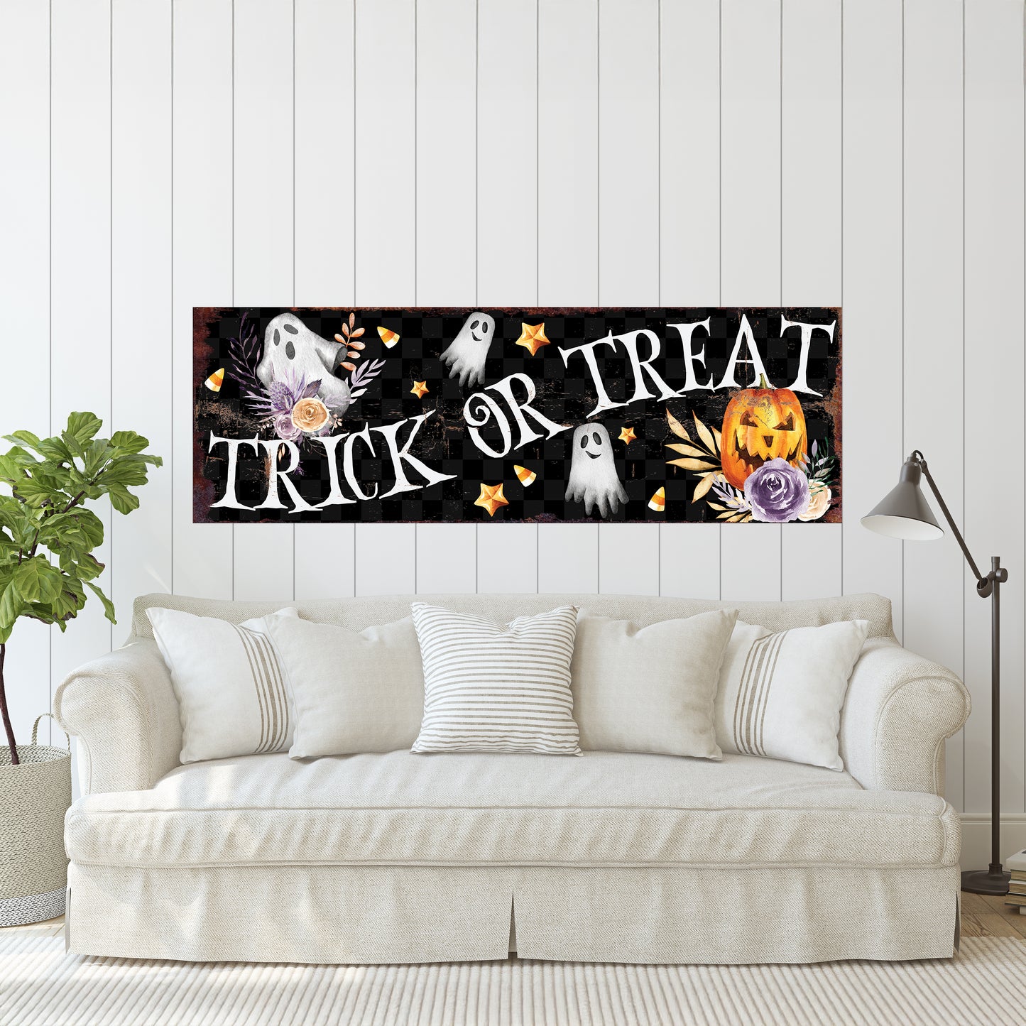Halloween Trick or Treat Wall Art – Rustic Farmhouse Halloween Sign with Ghosts, Pumpkins, and Stars | Spooky Halloween Wall Décor for Home and Entryway
