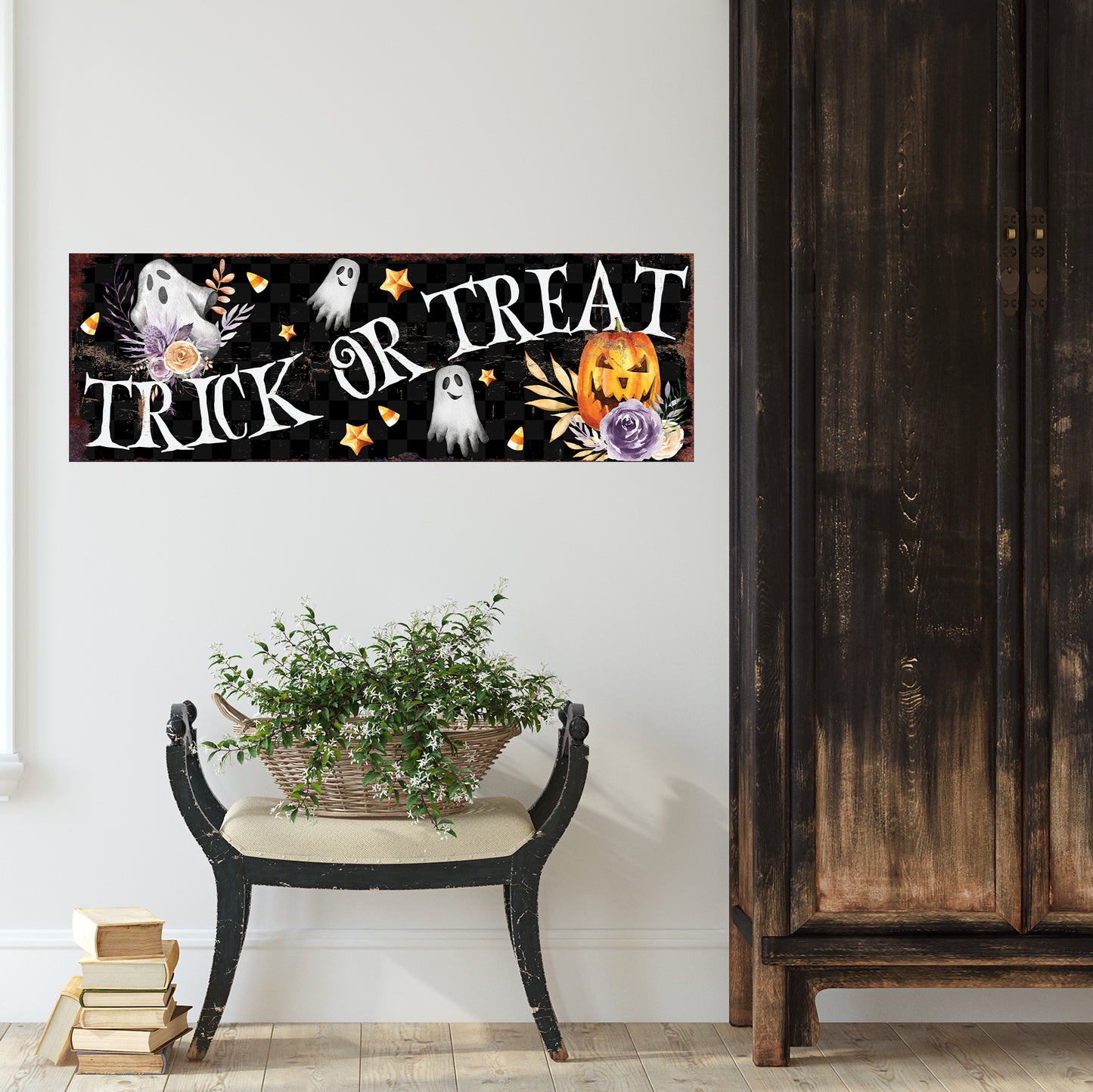 Halloween Trick or Treat Wall Art – Rustic Farmhouse Halloween Sign with Ghosts, Pumpkins, and Stars | Spooky Halloween Wall Décor for Home and Entryway