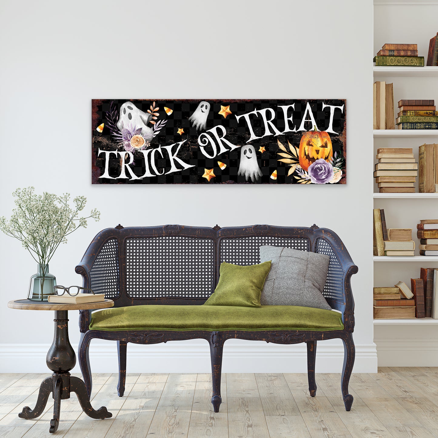 Halloween Trick or Treat Wall Art – Rustic Farmhouse Halloween Sign with Ghosts, Pumpkins, and Stars | Spooky Halloween Wall Décor for Home and Entryway