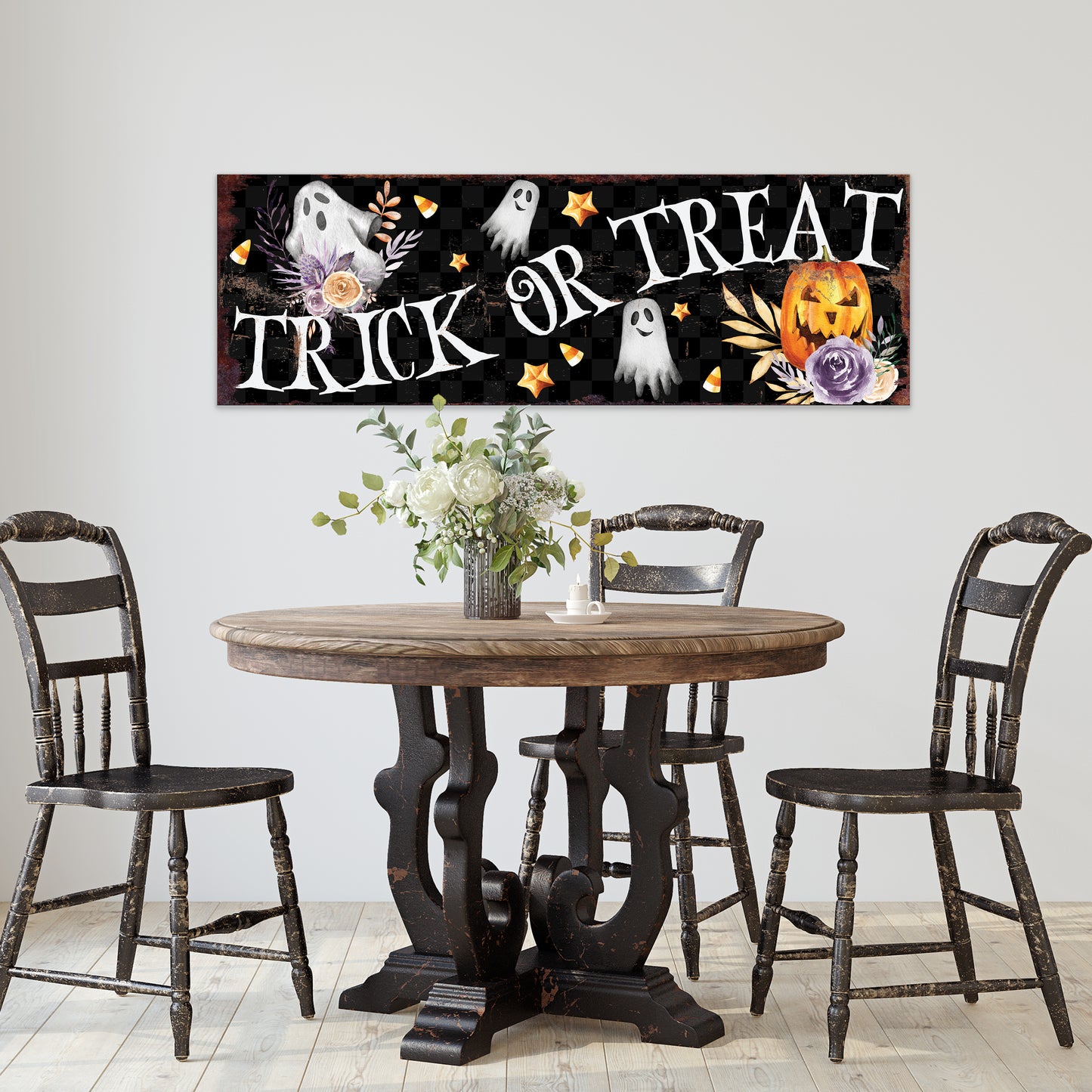 Halloween Trick or Treat Wall Art – Rustic Farmhouse Halloween Sign with Ghosts, Pumpkins, and Stars | Spooky Halloween Wall Décor for Home and Entryway