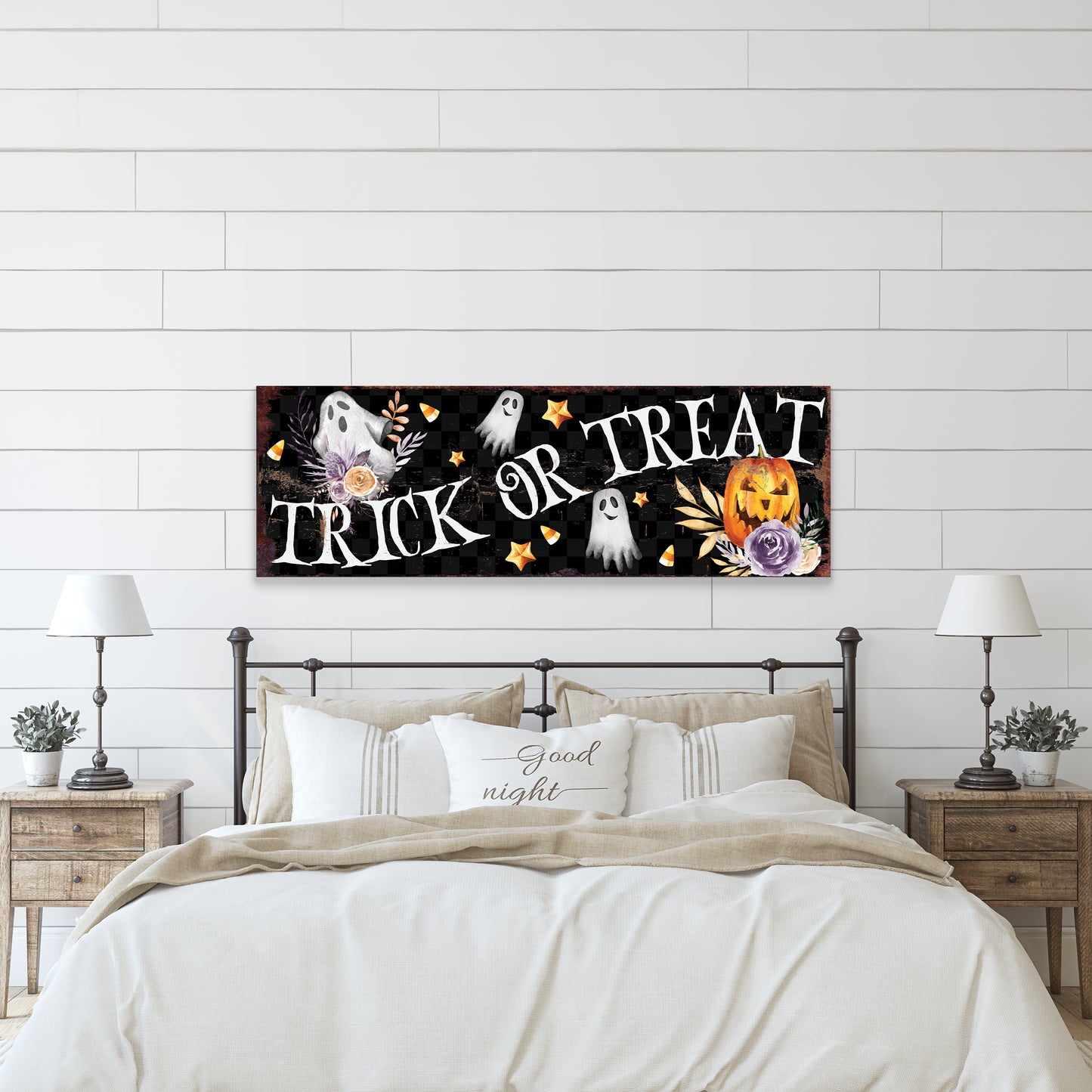 Halloween Trick or Treat Wall Art – Rustic Farmhouse Halloween Sign with Ghosts, Pumpkins, and Stars | Spooky Halloween Wall Décor for Home and Entryway