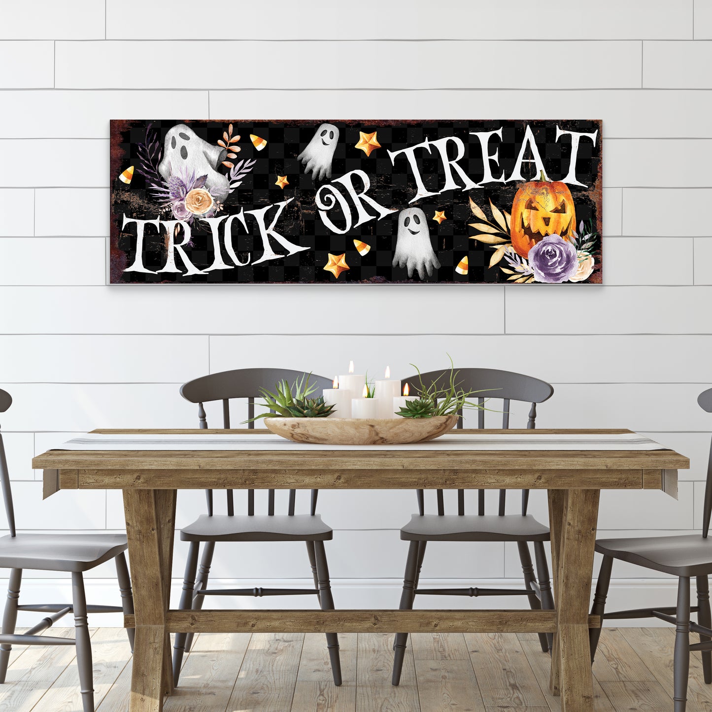 Halloween Trick or Treat Wall Art – Rustic Farmhouse Halloween Sign with Ghosts, Pumpkins, and Stars | Spooky Halloween Wall Décor for Home and Entryway