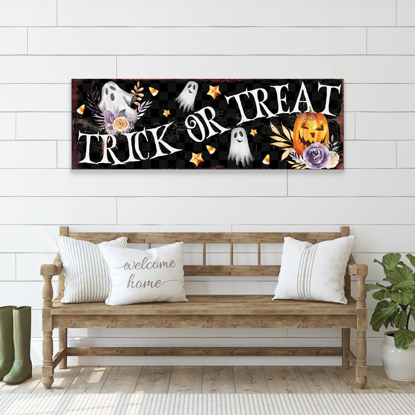 Halloween Trick or Treat Wall Art – Rustic Farmhouse Halloween Sign with Ghosts, Pumpkins, and Stars | Spooky Halloween Wall Décor for Home and Entryway