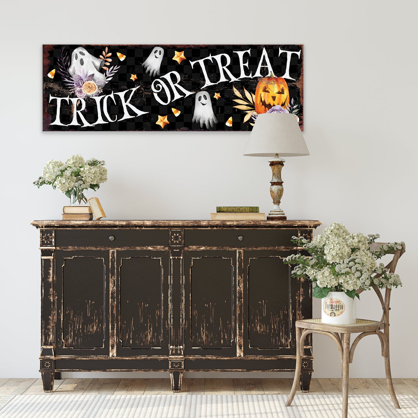 Halloween Trick or Treat Wall Art – Rustic Farmhouse Halloween Sign with Ghosts, Pumpkins, and Stars | Spooky Halloween Wall Décor for Home and Entryway