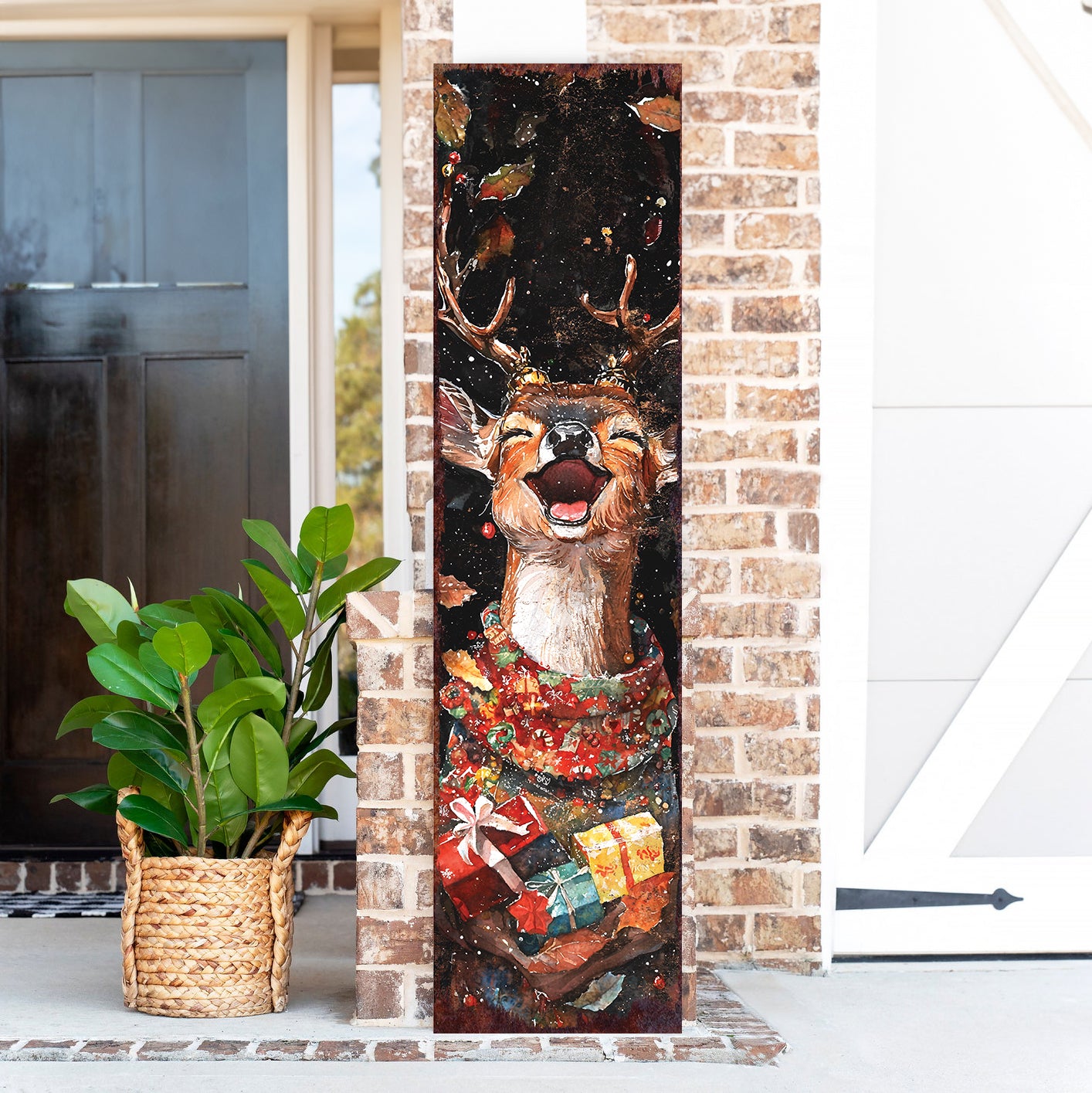Christmas Deer Porch Sign – Rustic Holiday Front Porch Sign with Festive Reindeer in Sweater | Winter Porch and Entryway Decor