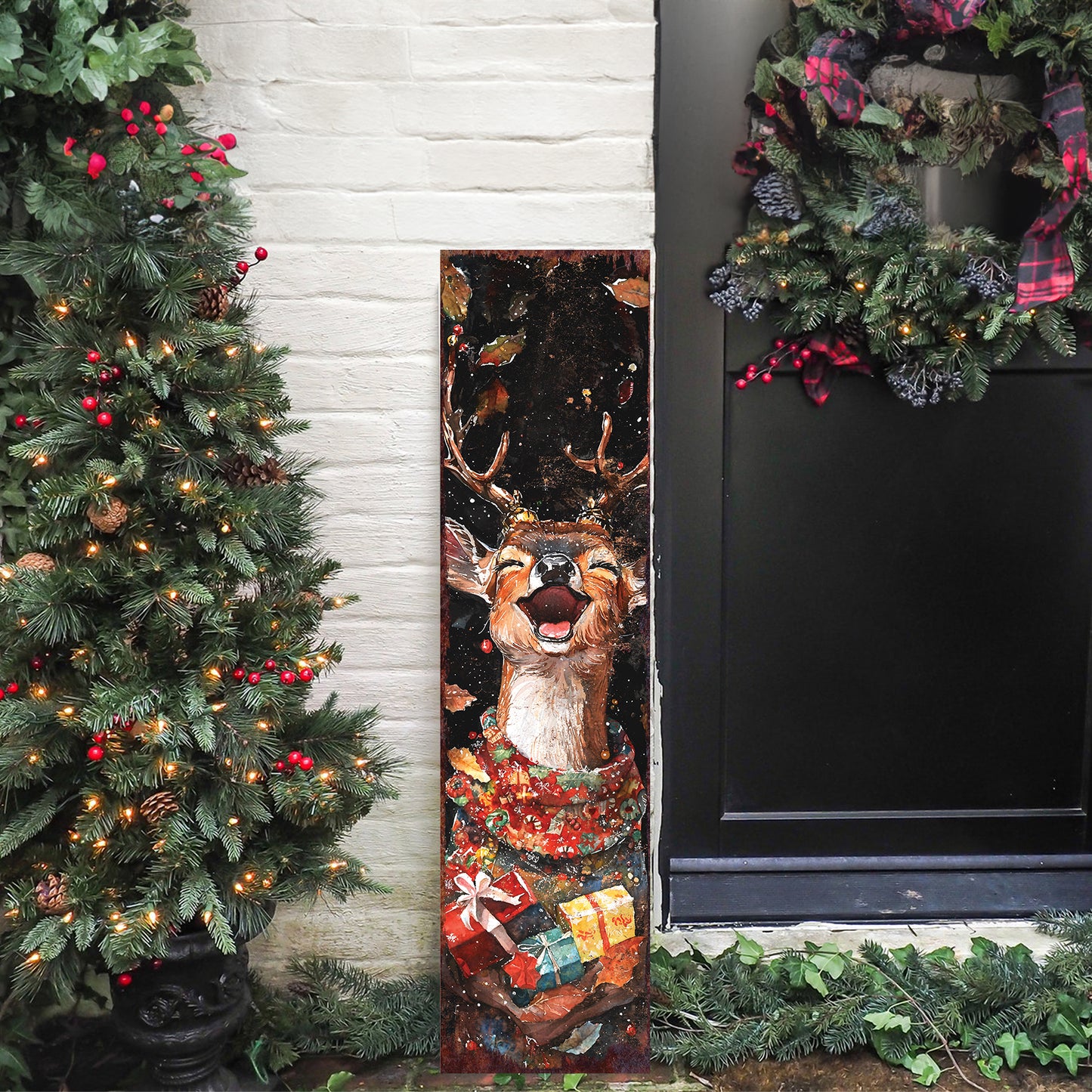 Christmas Deer Porch Sign – Rustic Holiday Front Porch Sign with Festive Reindeer in Sweater | Winter Porch and Entryway Decor