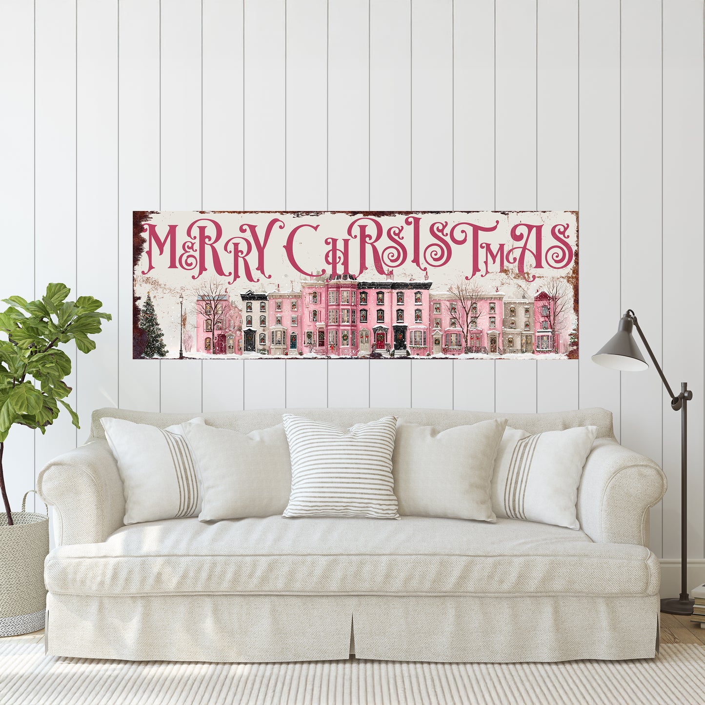 Merry Christmas Wall Art | Pink Townhouse Snowy Village Holiday Sign Decor
