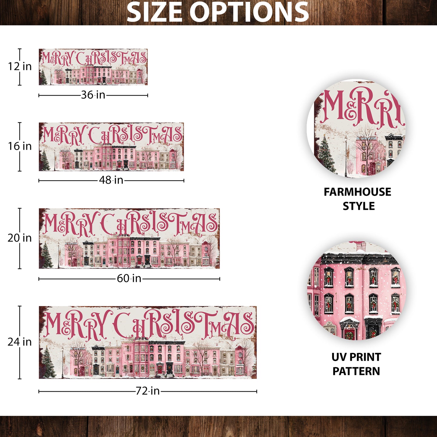 Merry Christmas Wall Art | Pink Townhouse Snowy Village Holiday Sign Decor