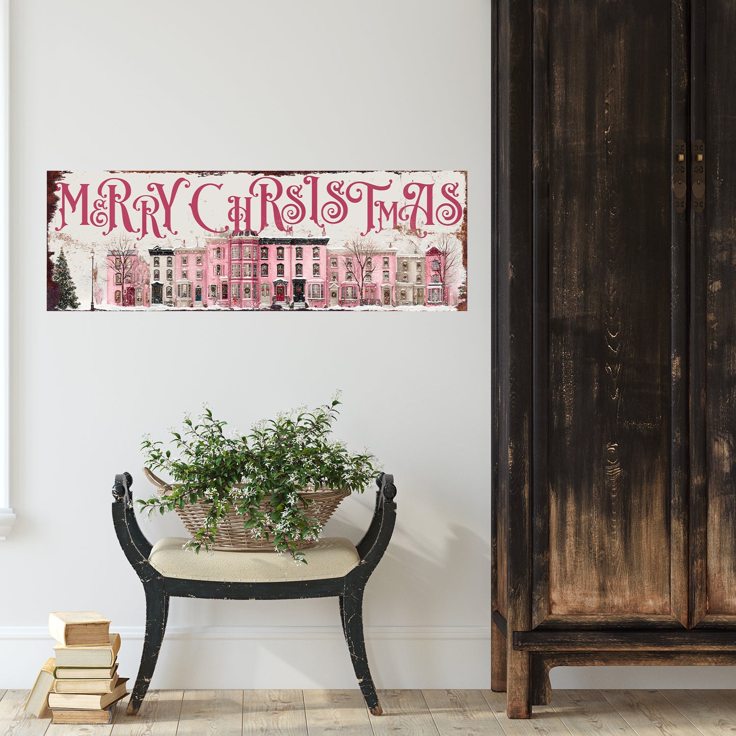 Merry Christmas Wall Art | Pink Townhouse Snowy Village Holiday Sign Decor