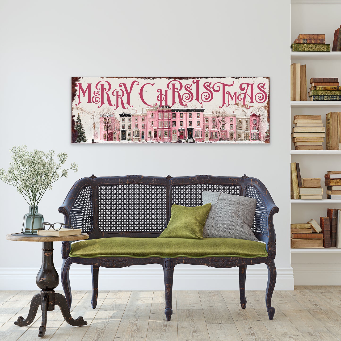 Merry Christmas Wall Art | Pink Townhouse Snowy Village Holiday Sign Decor