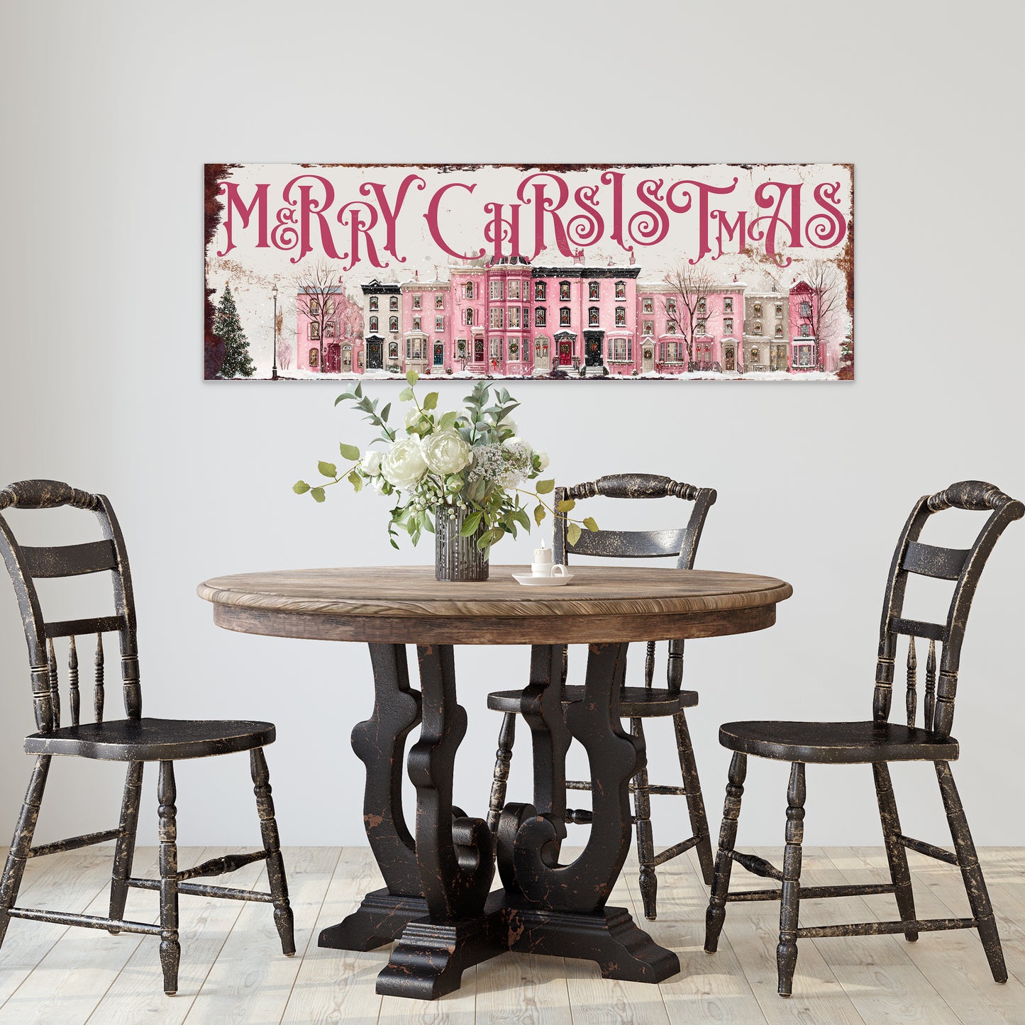 Merry Christmas Wall Art | Pink Townhouse Snowy Village Holiday Sign Decor