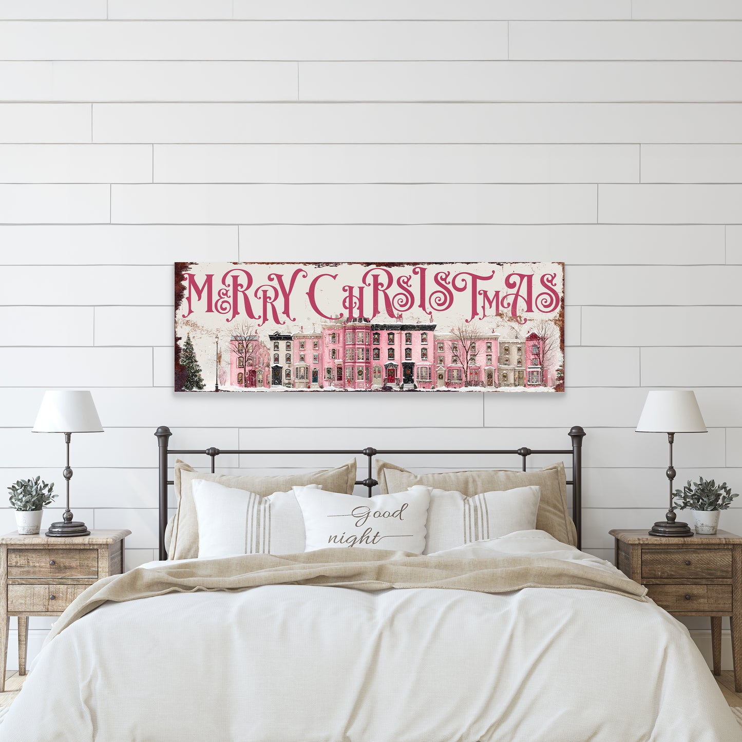 Merry Christmas Wall Art | Pink Townhouse Snowy Village Holiday Sign Decor