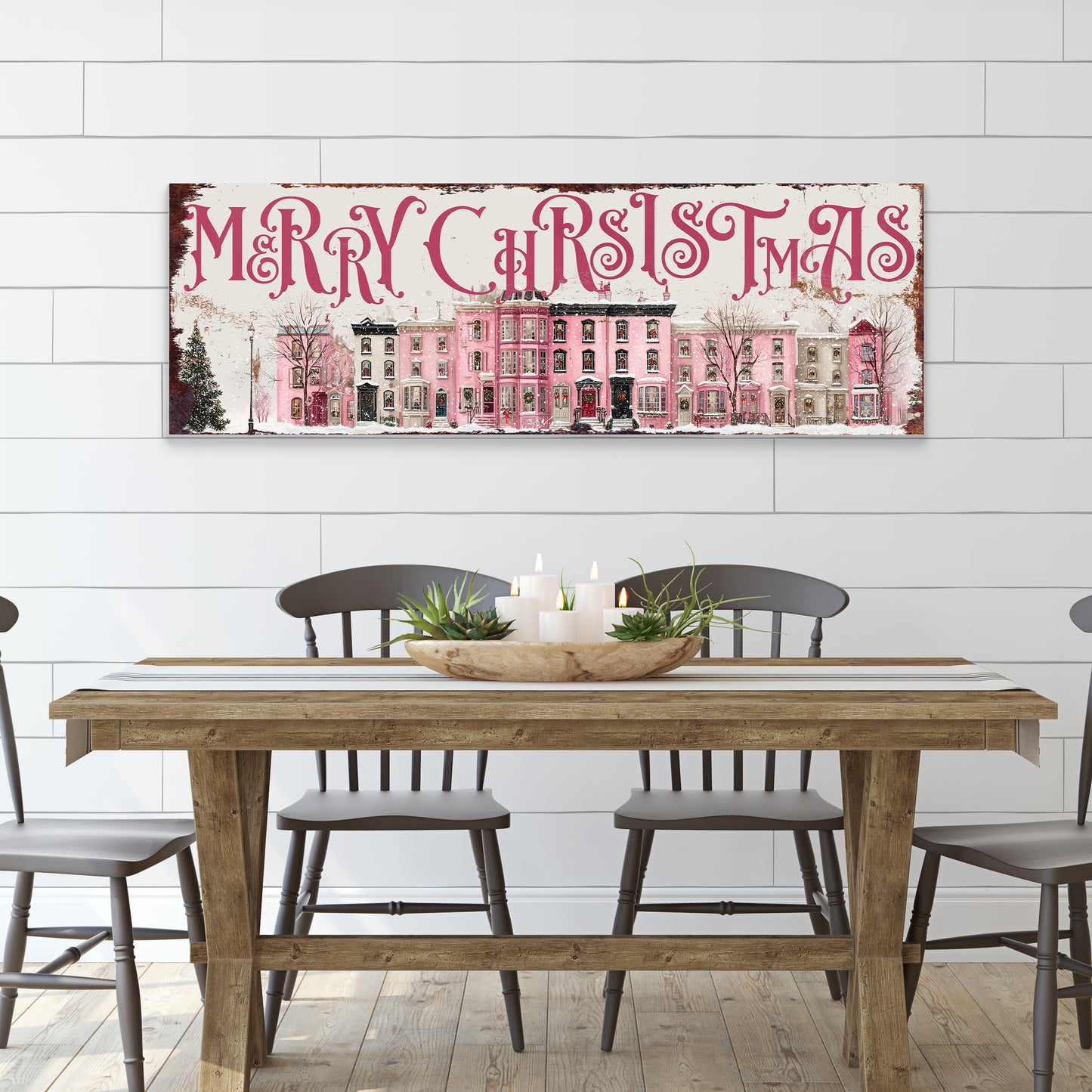 Merry Christmas Wall Art | Pink Townhouse Snowy Village Holiday Sign Decor
