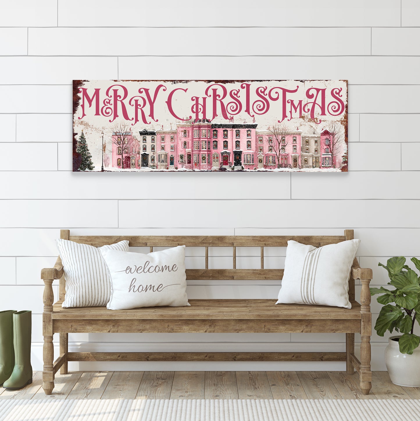 Merry Christmas Wall Art | Pink Townhouse Snowy Village Holiday Sign Decor