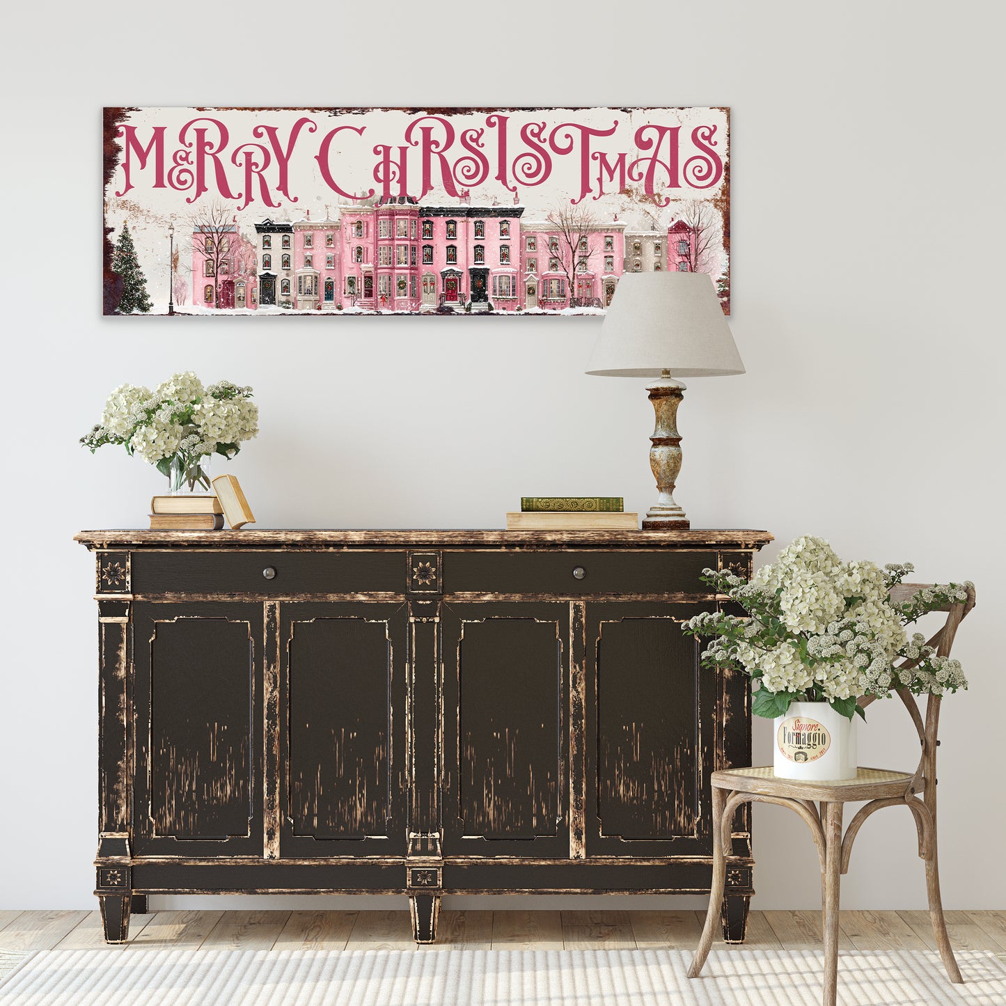 Merry Christmas Wall Art | Pink Townhouse Snowy Village Holiday Sign Decor