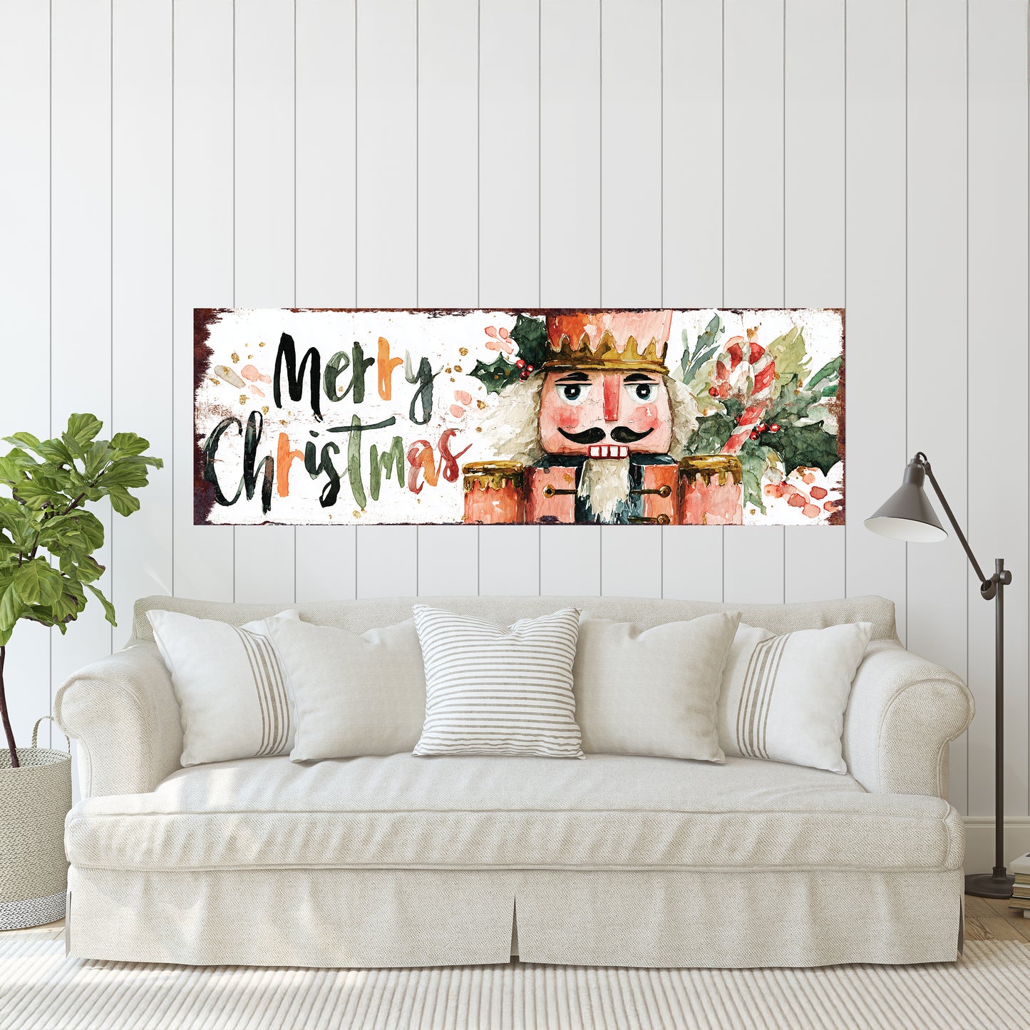 Merry Christmas Nutcracker Sign – Watercolor Holiday Wall Decor in Farmhouse Style