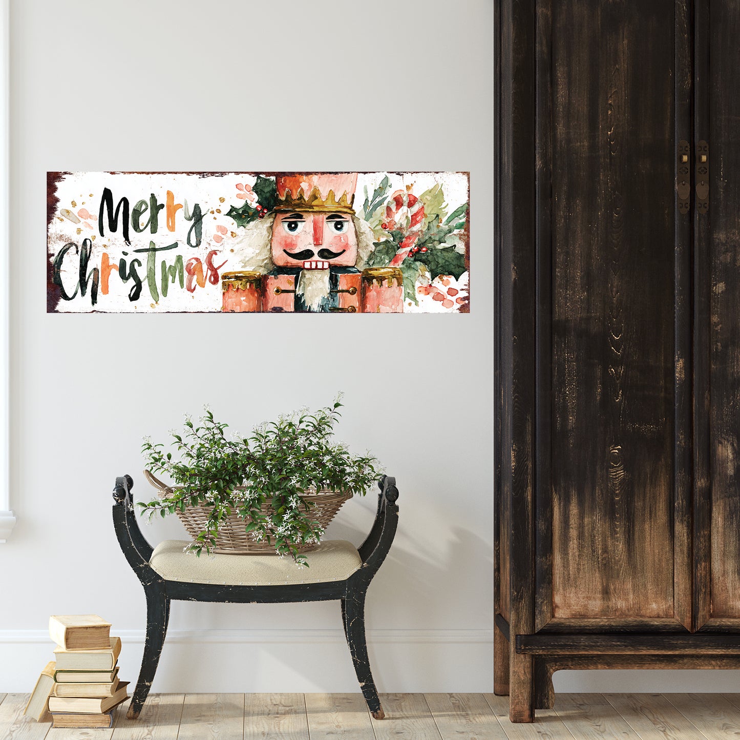 Merry Christmas Nutcracker Sign – Watercolor Holiday Wall Decor in Farmhouse Style