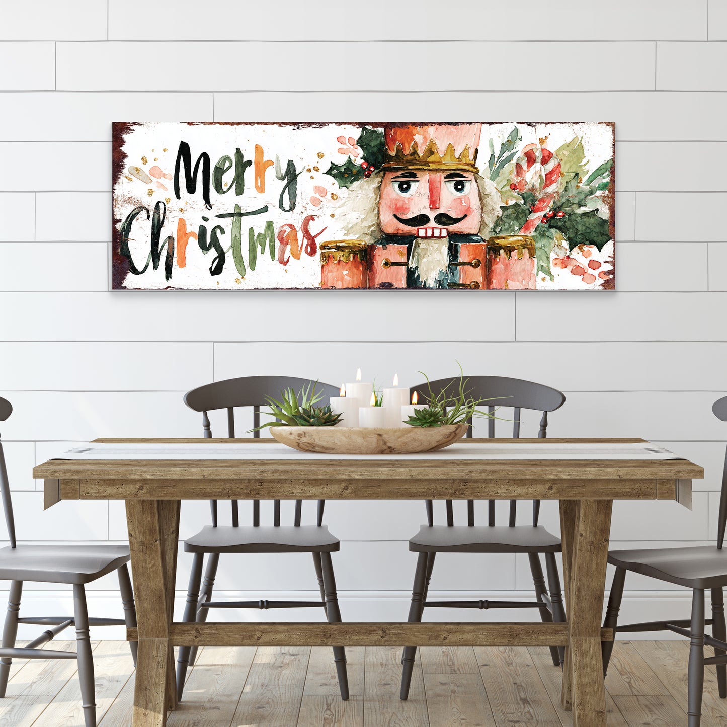 Merry Christmas Nutcracker Sign – Watercolor Holiday Wall Decor in Farmhouse Style