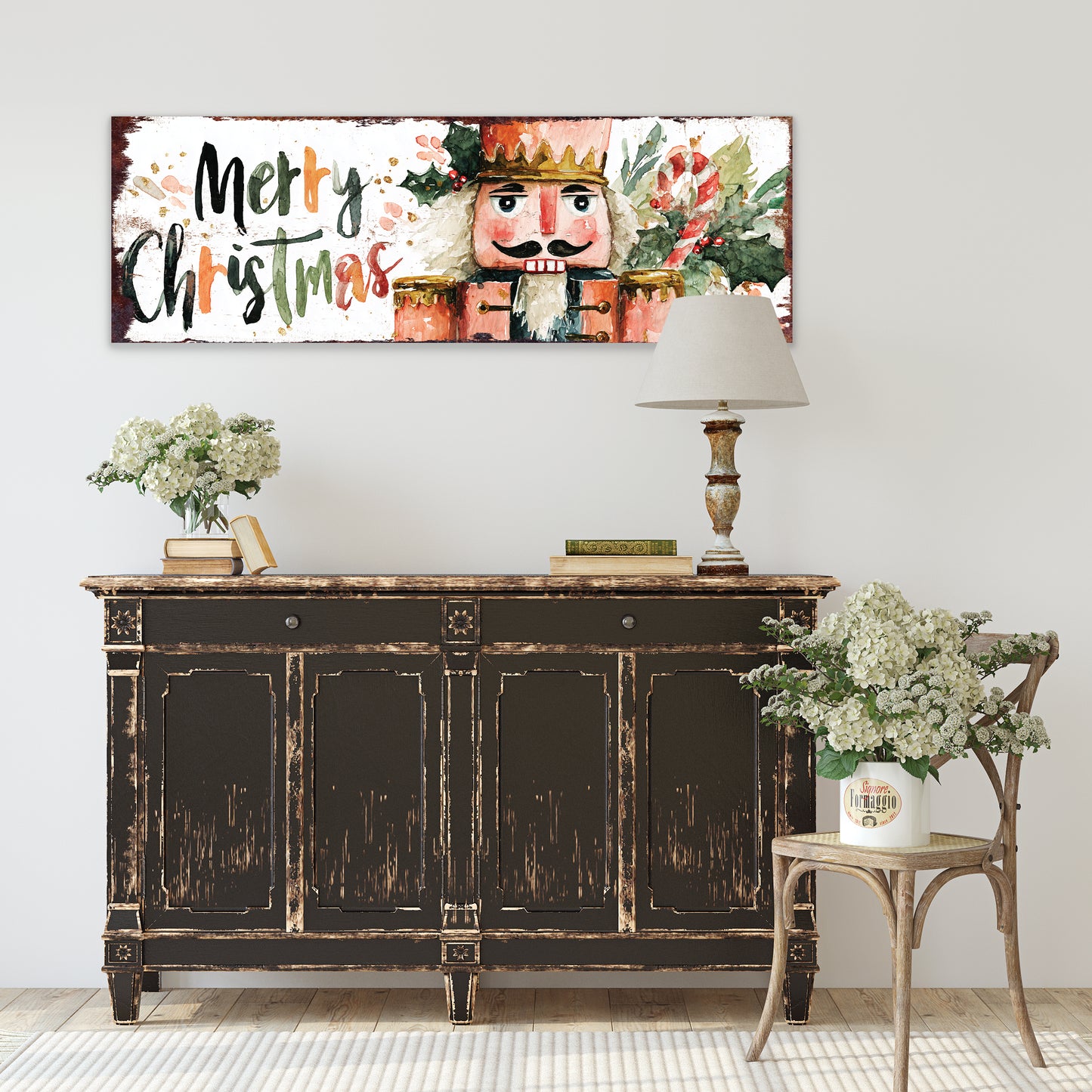 Merry Christmas Nutcracker Sign – Watercolor Holiday Wall Decor in Farmhouse Style