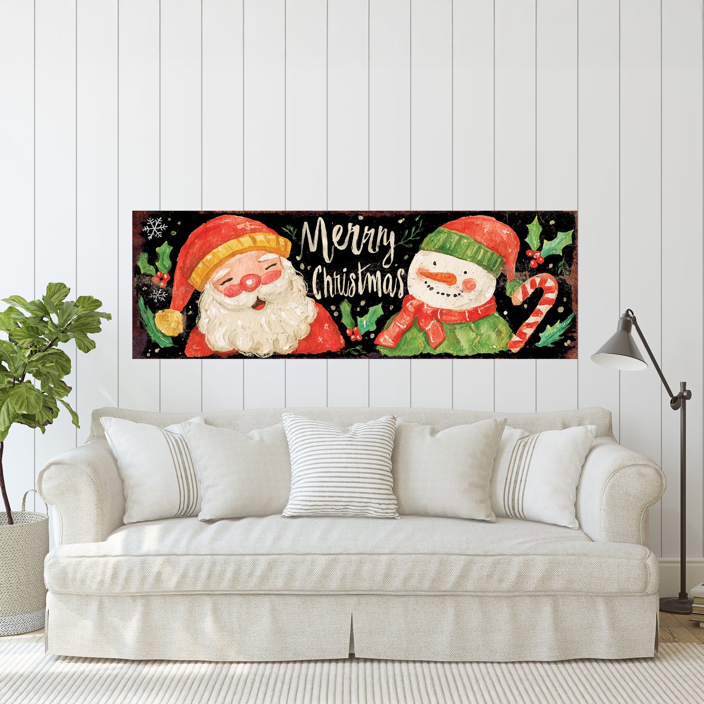 Santa & Snowman Christmas Sign – Watercolor Holiday Wall Decor for Home