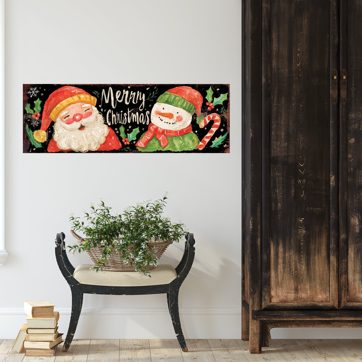 Santa & Snowman Christmas Sign – Watercolor Holiday Wall Decor for Home