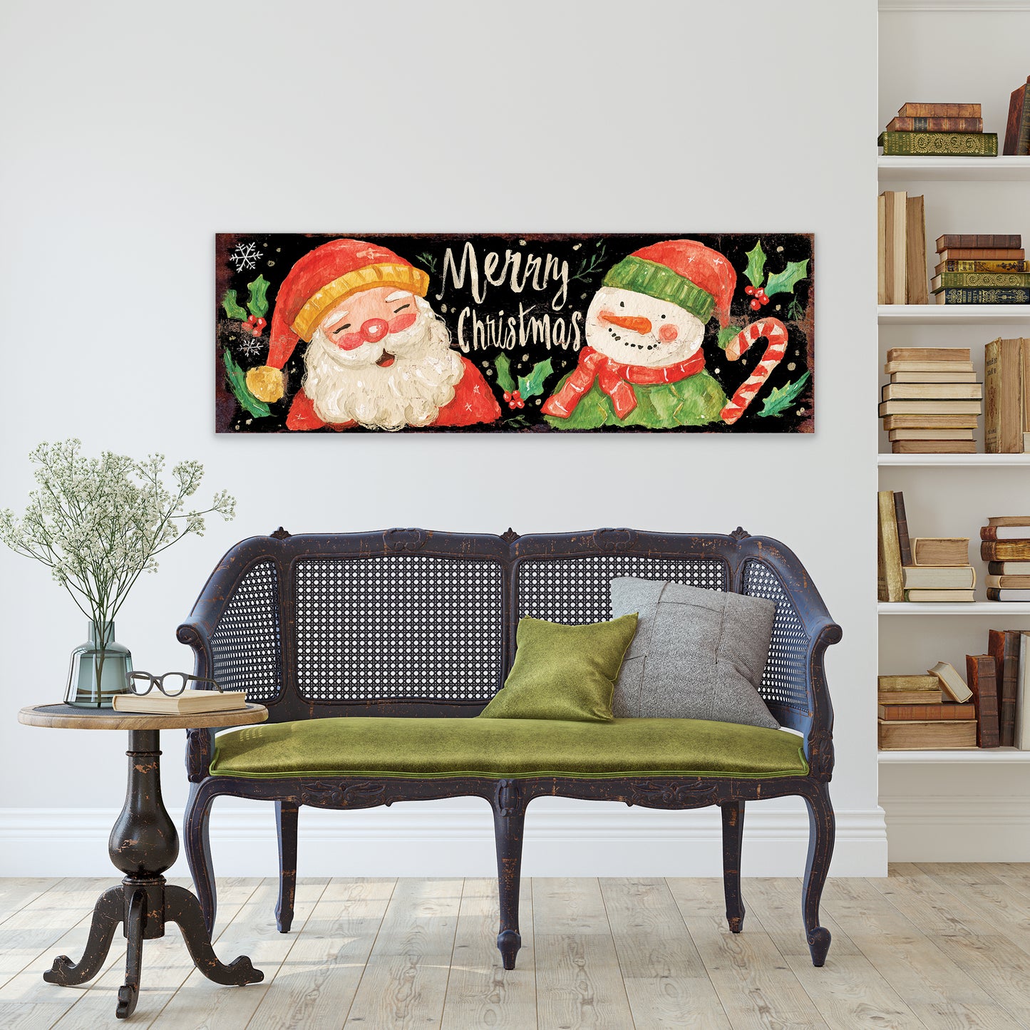 Santa & Snowman Christmas Sign – Watercolor Holiday Wall Decor for Home