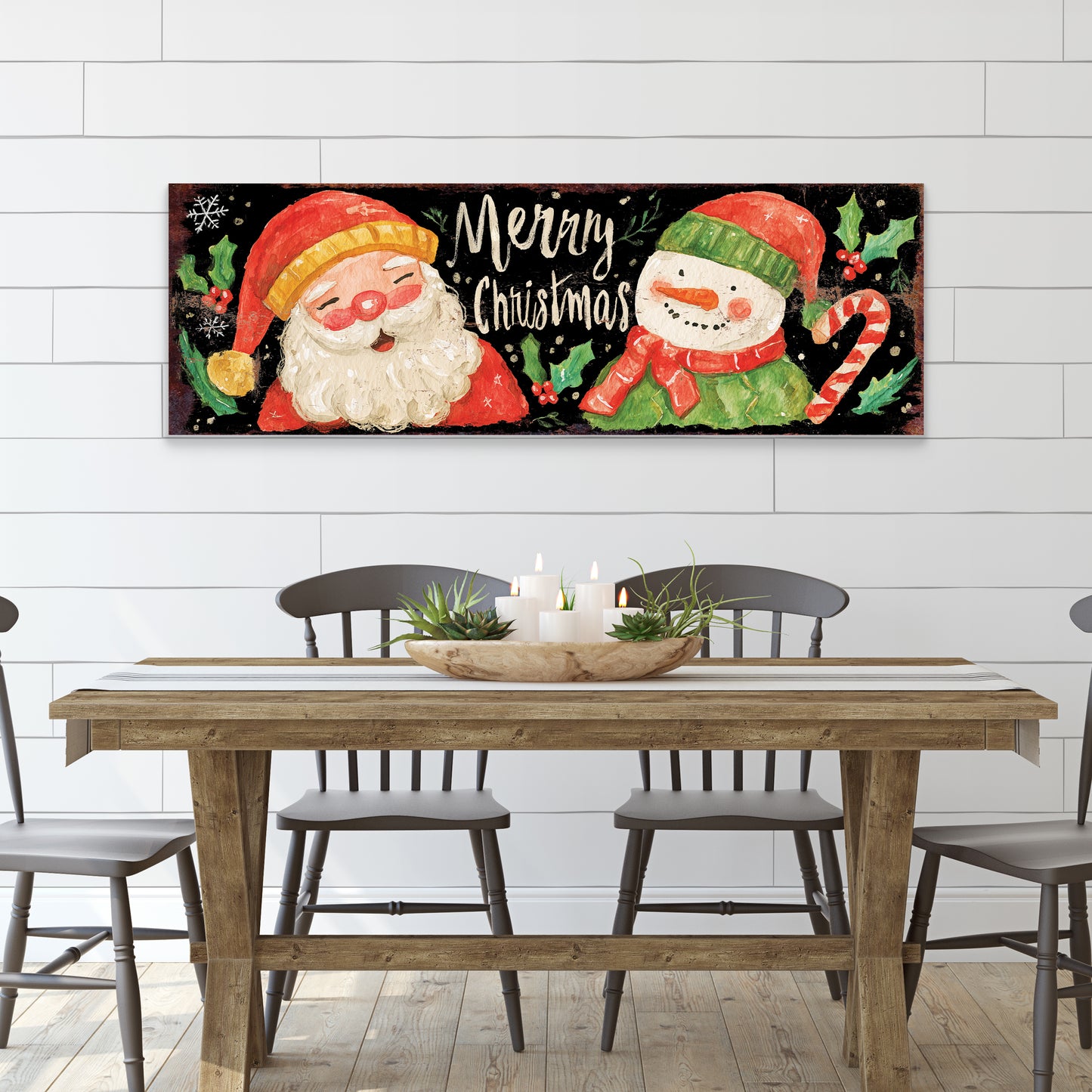 Santa & Snowman Christmas Sign – Watercolor Holiday Wall Decor for Home