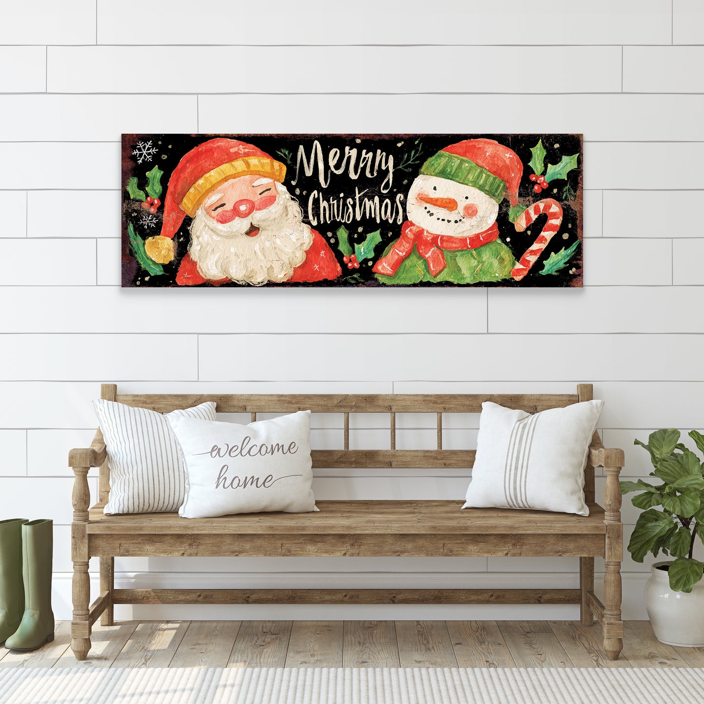 Santa & Snowman Christmas Sign – Watercolor Holiday Wall Decor for Home