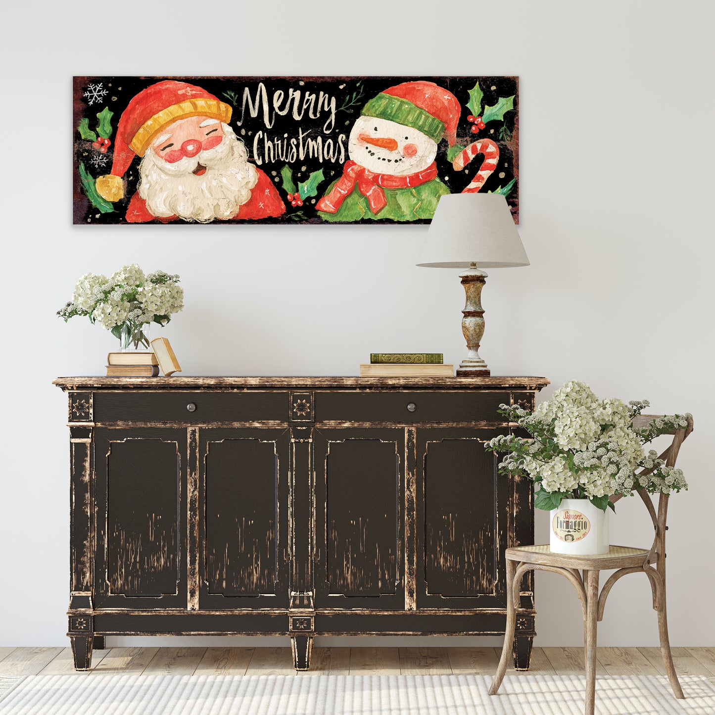 Santa & Snowman Christmas Sign – Watercolor Holiday Wall Decor for Home