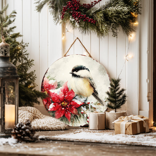 Chickadee Christmas Wall Sign – Winter Round Wood Decor with Poinsettias