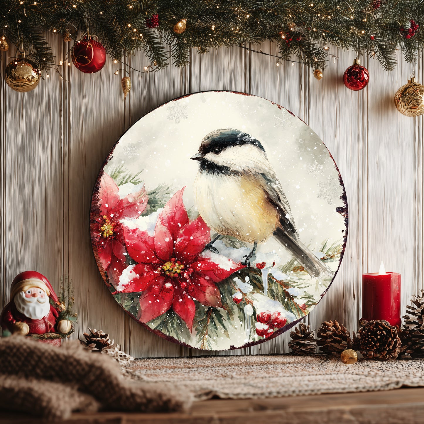 Chickadee Christmas Wall Sign – Winter Round Wood Decor with Poinsettias