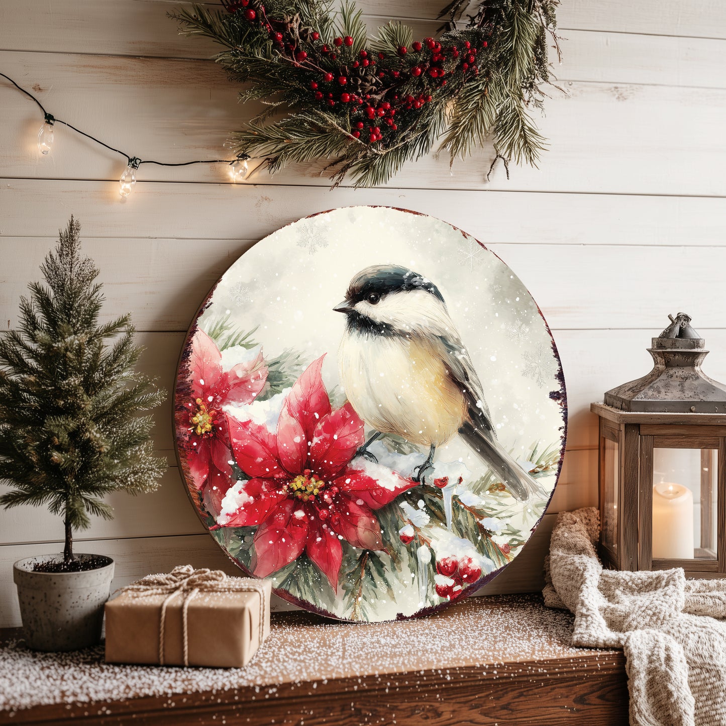 Chickadee Christmas Wall Sign – Winter Round Wood Decor with Poinsettias