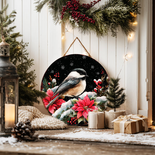 Chickadee Christmas Wall Sign – Round Wood Winter Decor with Poinsettias