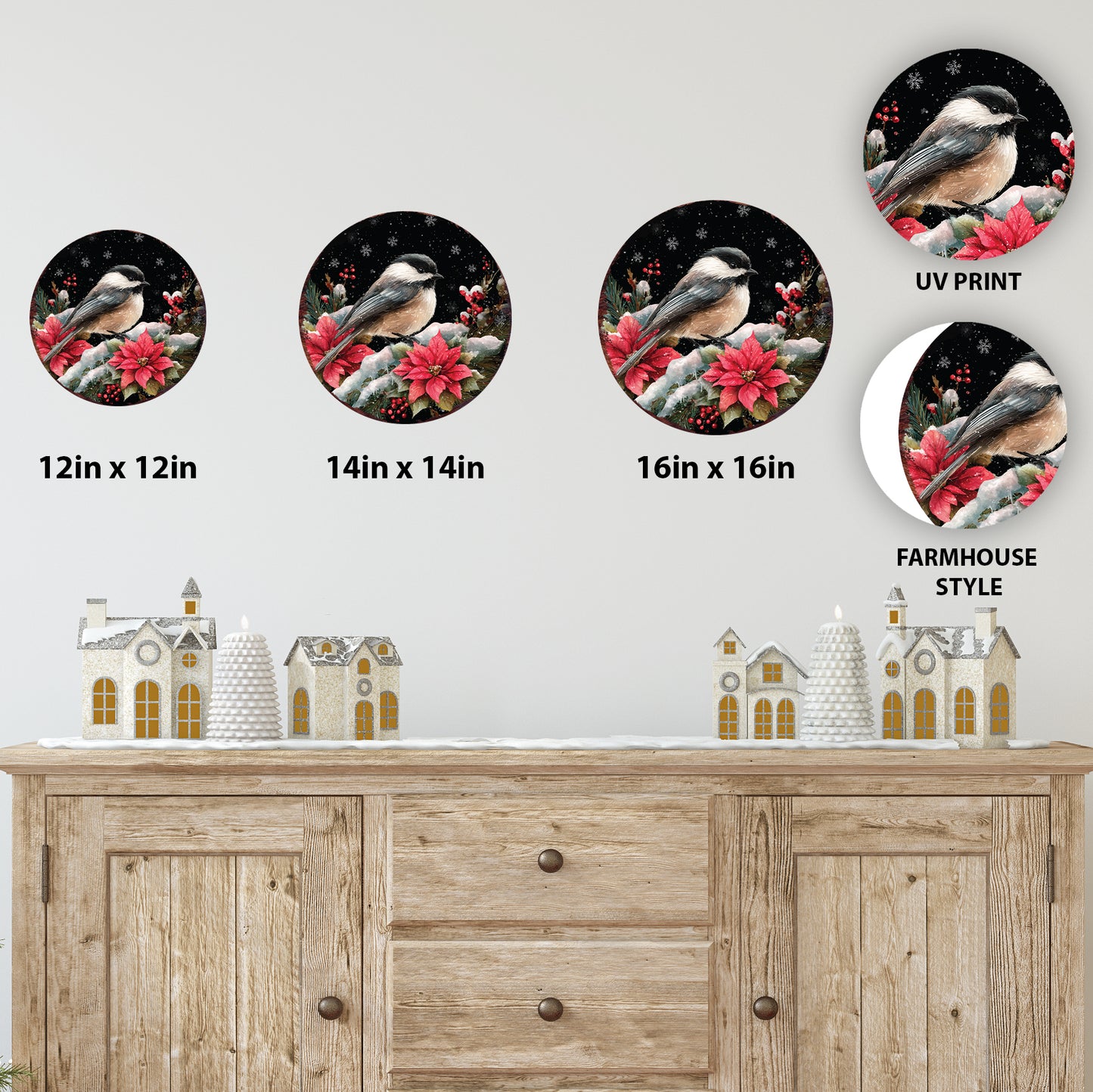 Chickadee Christmas Wall Sign – Round Wood Winter Decor with Poinsettias
