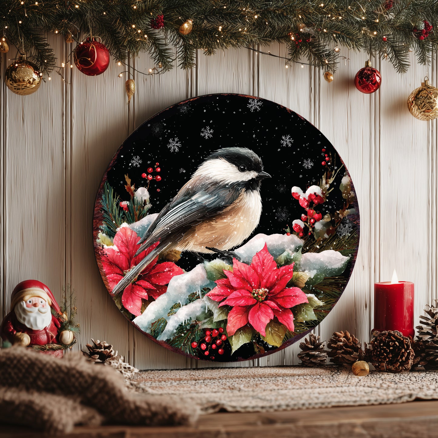 Chickadee Christmas Wall Sign – Round Wood Winter Decor with Poinsettias