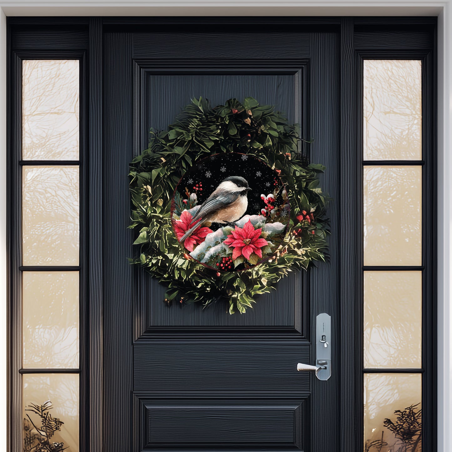 Chickadee Christmas Wall Sign – Round Wood Winter Decor with Poinsettias