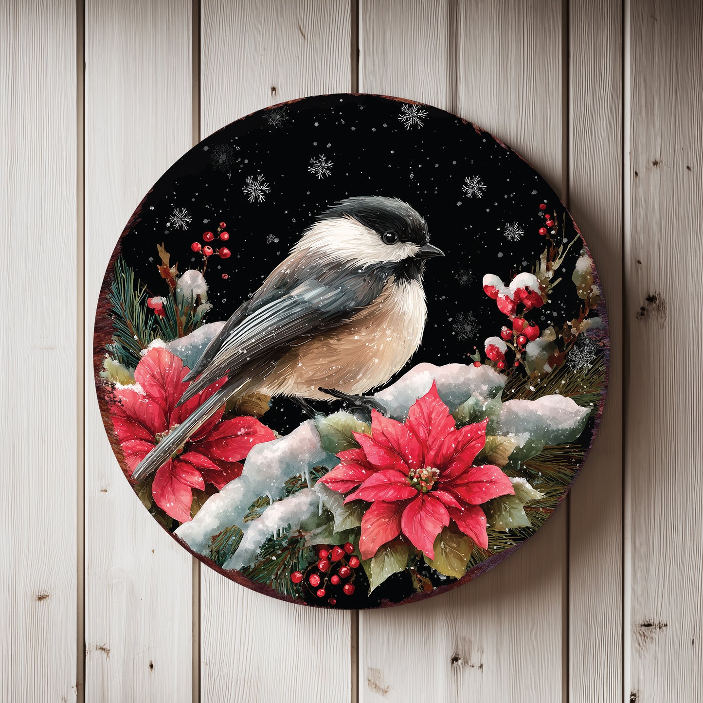 Chickadee Christmas Wall Sign – Round Wood Winter Decor with Poinsettias